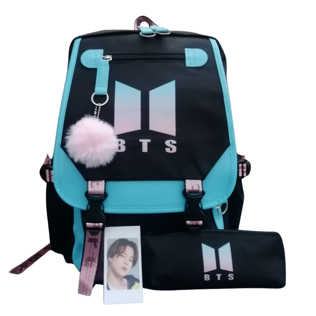 MOCHILA ESCOLAR BTS color celeste